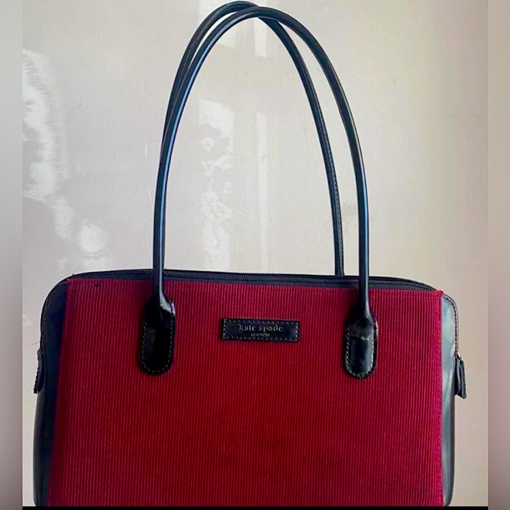 RARE Authentic Vintage Kate Spade Designer Maroon Corduroy & Black Leather Bag
